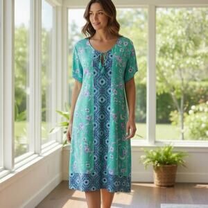 Lands End Green Blue Sheath Dress Sz L Tie Keyhole Neckline Stretchy